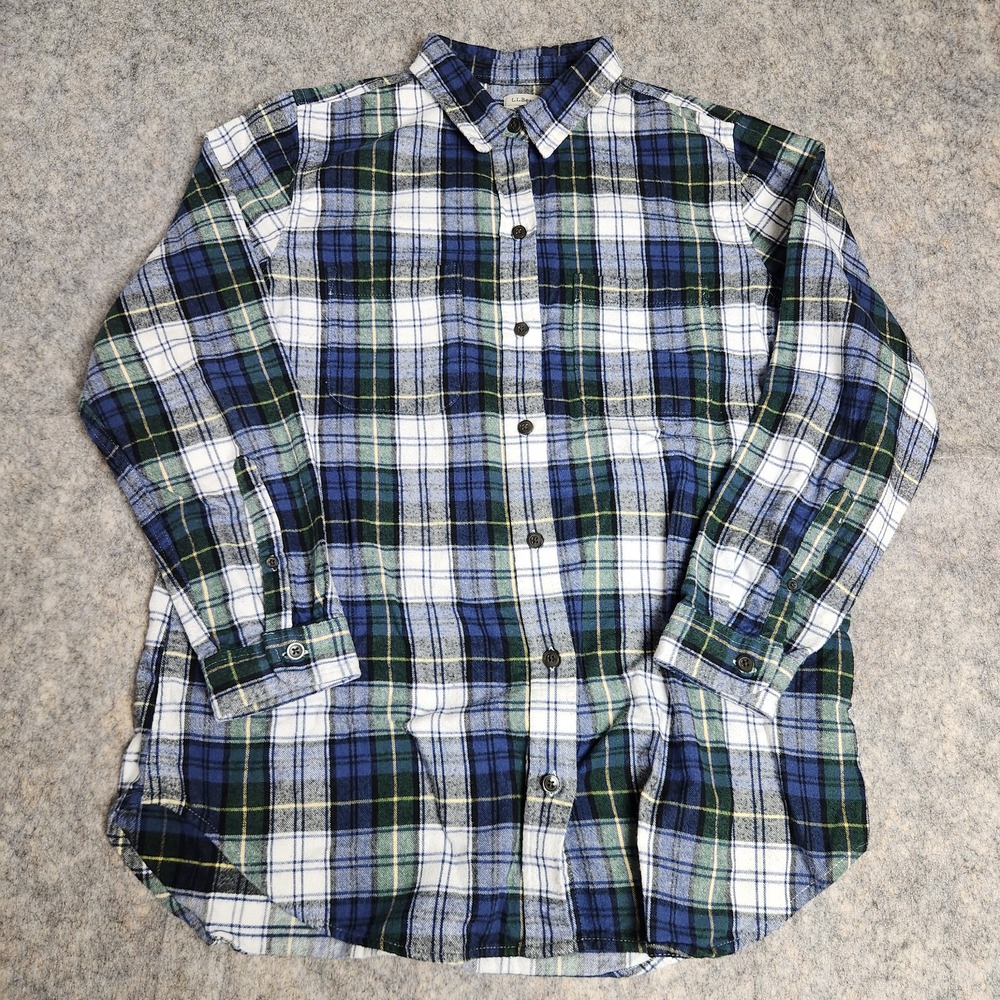 LL Bean Flannel Tunic Shirt Women M Blue Green Scotch Plaid Relaxed Fit Button